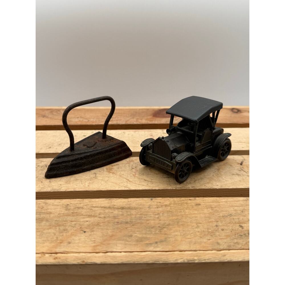 Miniature Cast Iron Sad Iron and 1917 Model T Toy Car - 2-3” each